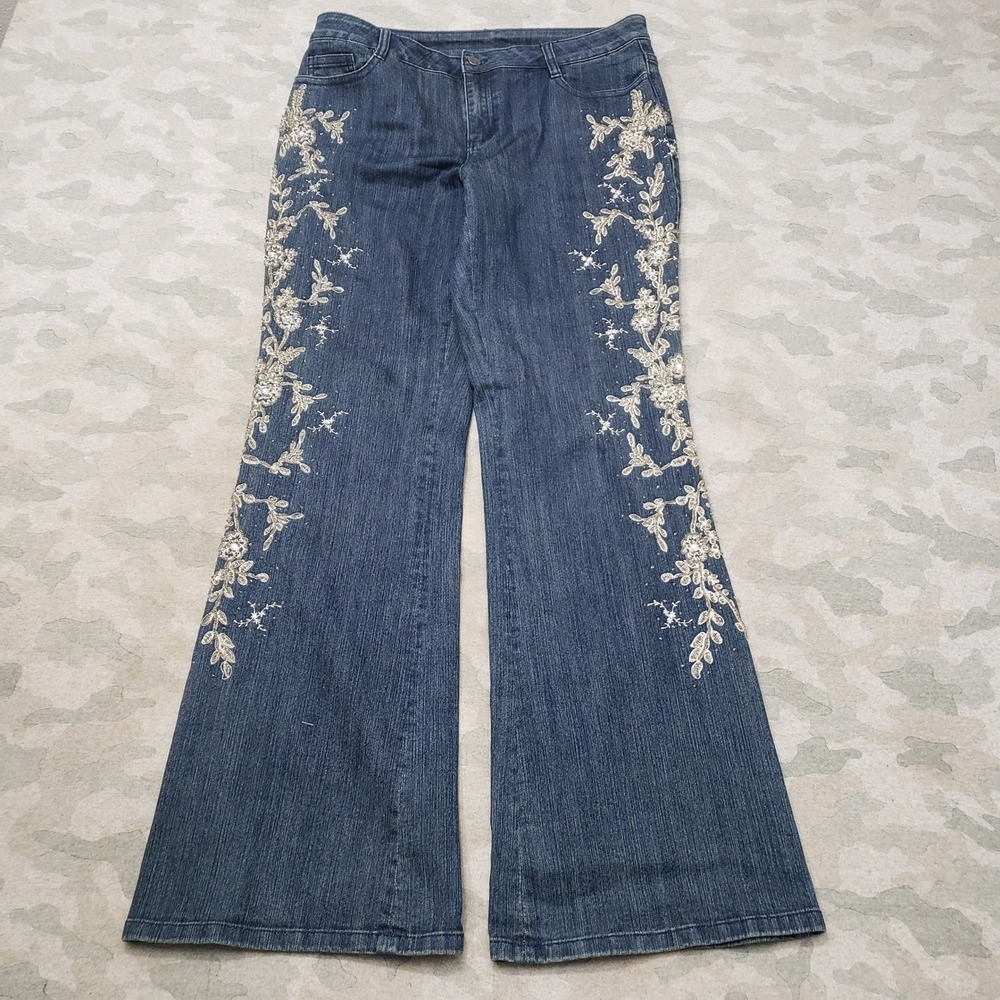 Azi Jeans Women 12 Blue Floral Embroidered Y2k Boho Denim Medium Wash